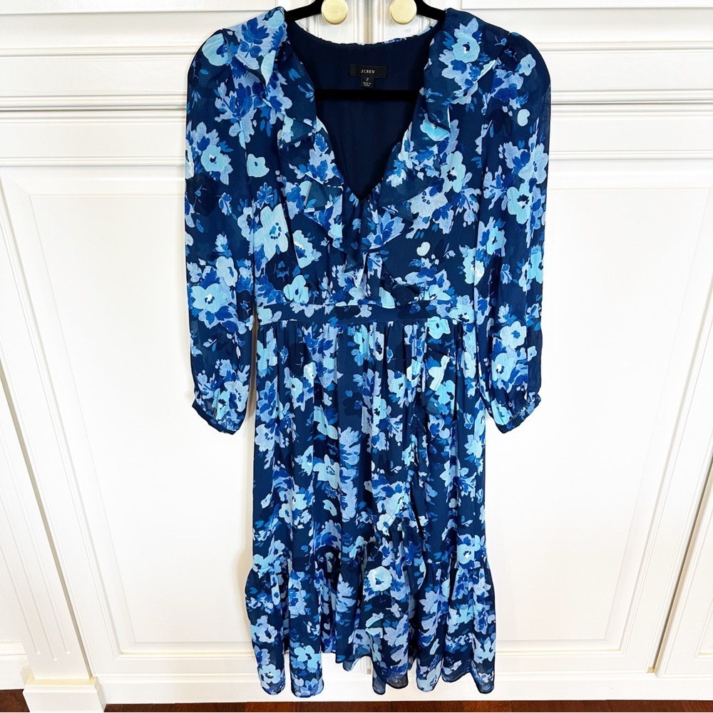 J.Crew Women’s Long Sleeve Ruffle Blue Midi Faux Wrap Dress Floral Watercolor 2 - Picture 2 of 9